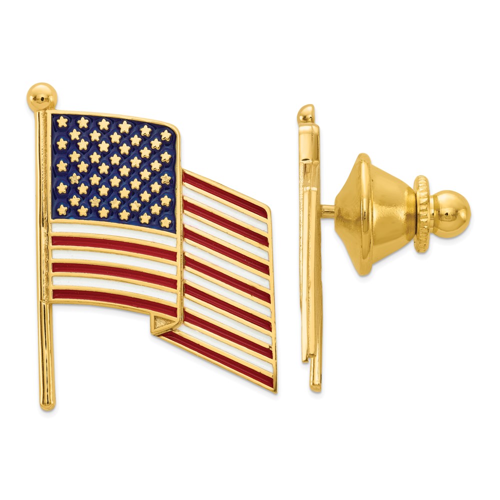 14K Yellow Gold &amp; Enamel Waving U.S. Flag Lapel or Tie Pin, 20 x 26mm, Item M11358 by The Black Bow Jewelry Co.