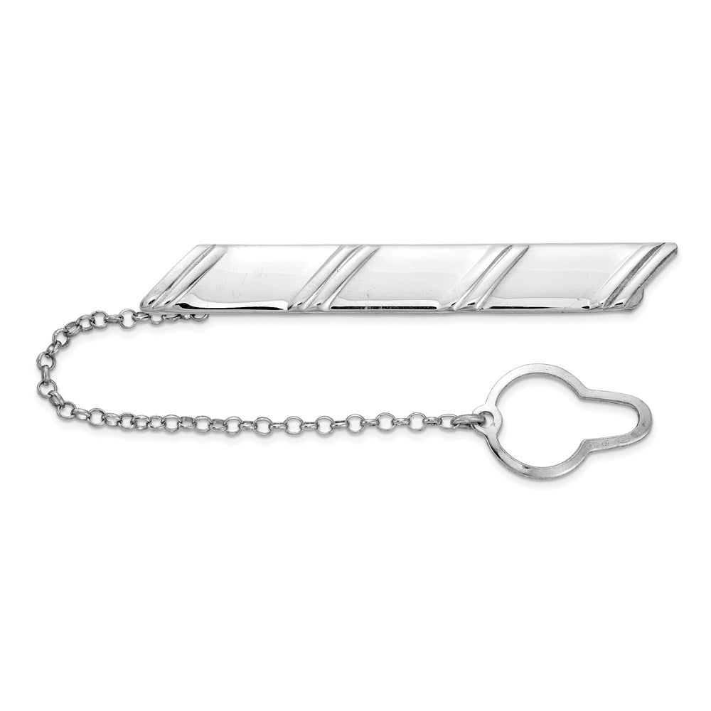 Rhodium Plated Sterling Silver Diagonal Stripe w/ Button Chain Tie Bar, Item M11372 by The Black Bow Jewelry Co.