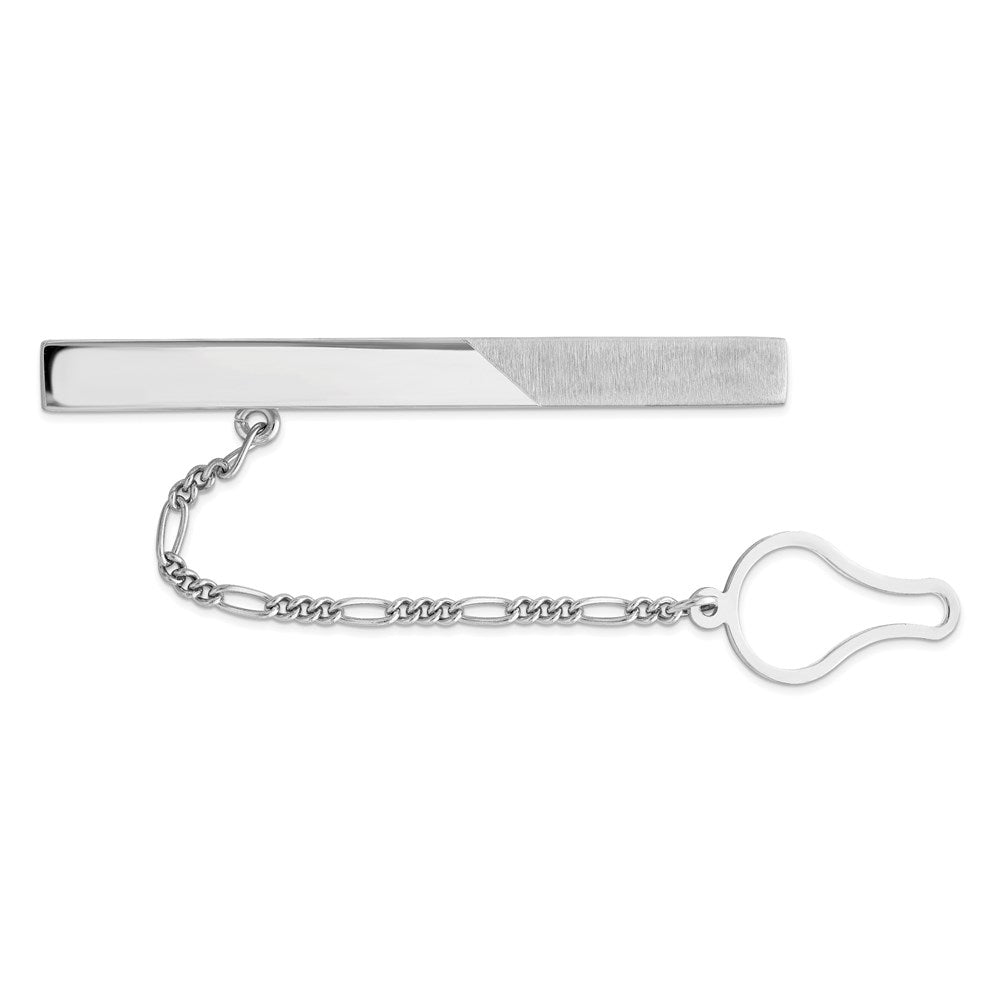 Rhodium Plated Sterling Silver Polished &amp; Brushed Button Chain Tie Bar, Item M11378 by The Black Bow Jewelry Co.