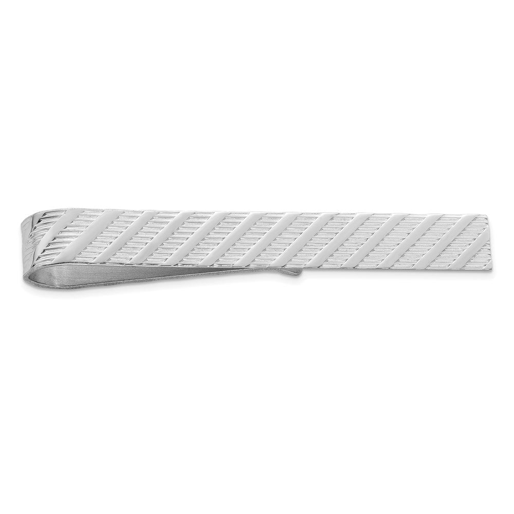 Rhodium Plated Sterling Silver Diagonal Striped Tie Bar, 6 x 50mm, Item M11383 by The Black Bow Jewelry Co.