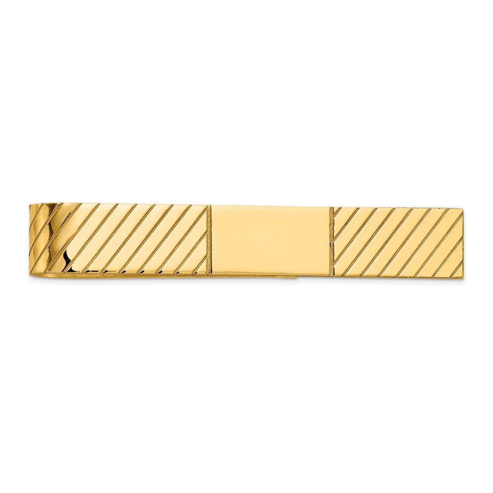 14K Yellow Gold Polished &amp; Diagonal Grooved Tie Bar, 8 x 50mm, Item M11395 by The Black Bow Jewelry Co.
