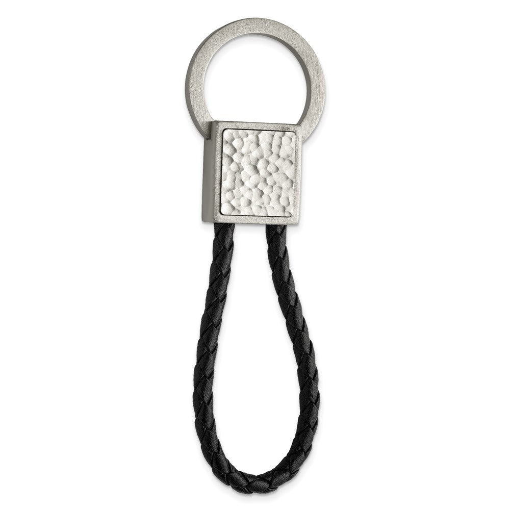 Stainless Steel &amp; Black Leather Brushed &amp; Hammered Key Chain, Item M11406 by The Black Bow Jewelry Co.