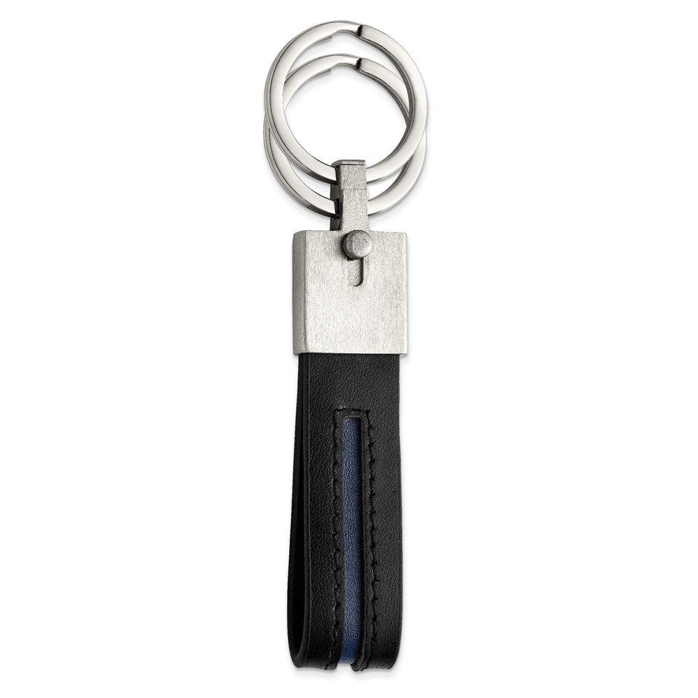 Stainless Steel & Blue/Black Leather Removable Double Ring Key