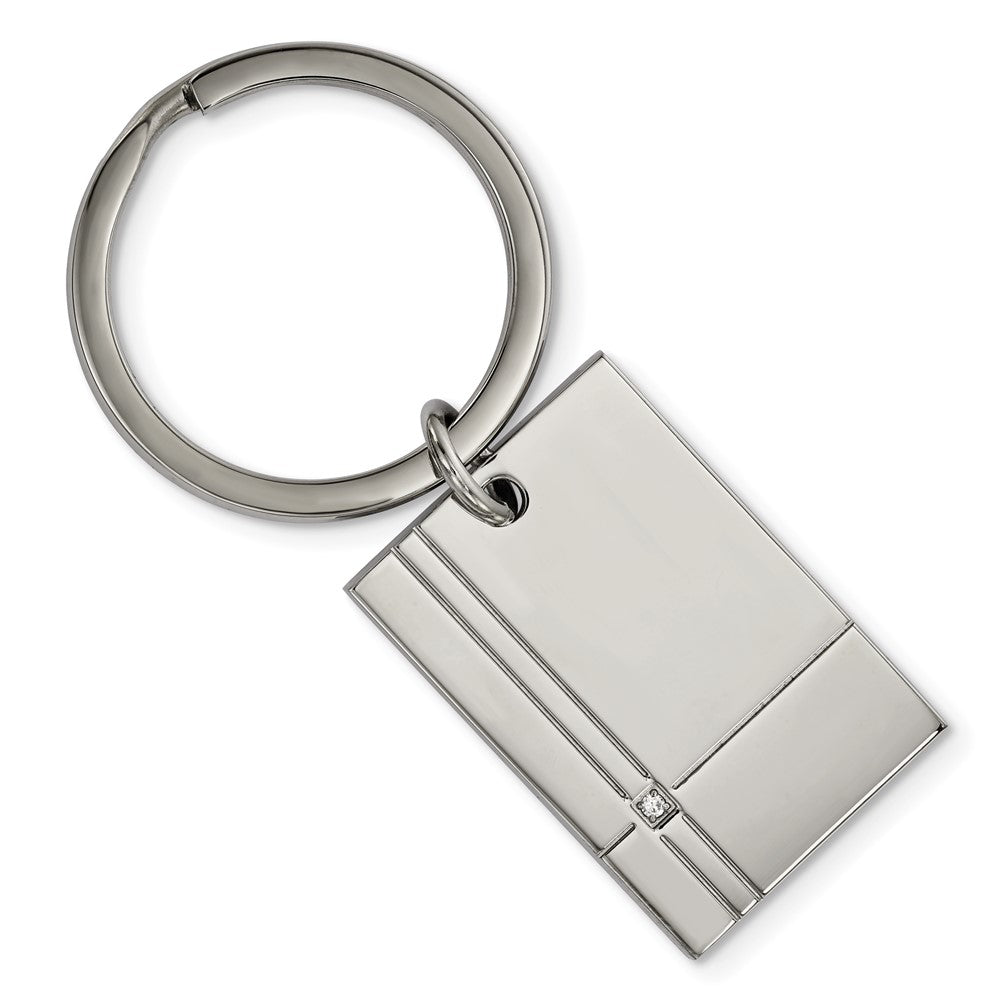 Stainless Steel &amp; CZ Polished &amp; Grooved Rectangle Key Chain, Item M11411 by The Black Bow Jewelry Co.
