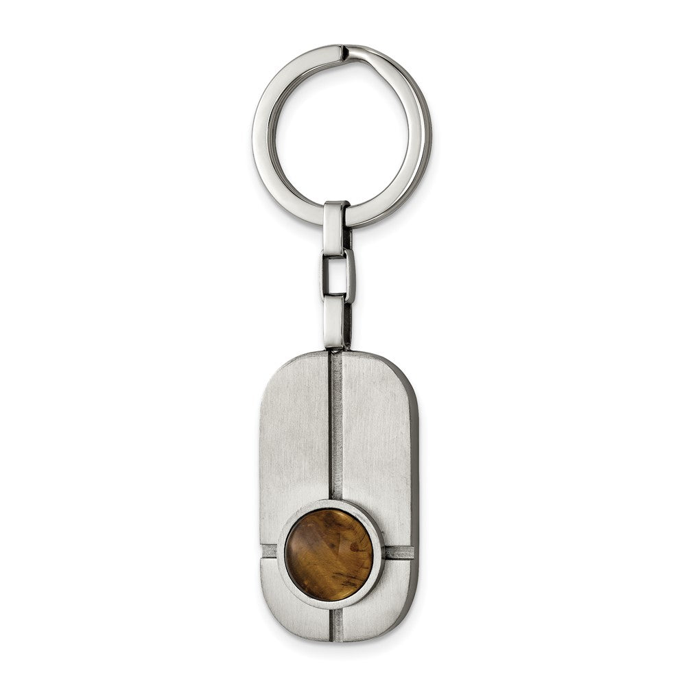 Stainless Steel &amp; Brown Tiger&#39;s Eye Brushed &amp; Grooved Key Chain, Item M11412 by The Black Bow Jewelry Co.