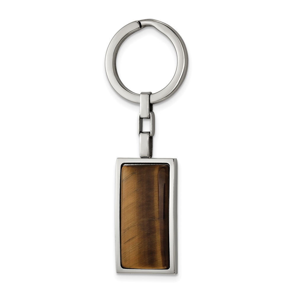 Stainless Steel &amp; Brown Tiger&#39;s Eye Rectangle Key Chain, Item M11413 by The Black Bow Jewelry Co.