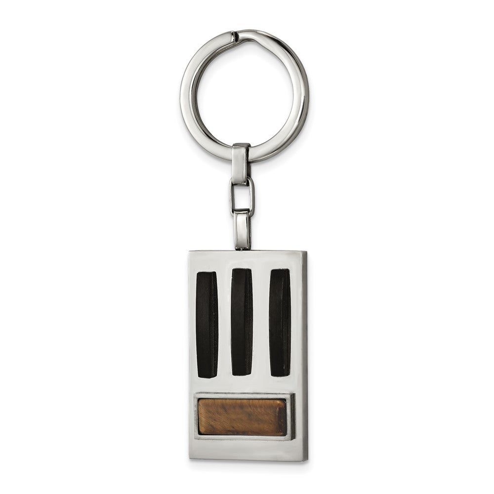 Stainless Steel Black Plated &amp; Tiger&#39;s Eye Rectangle Key Chain, Item M11414 by The Black Bow Jewelry Co.