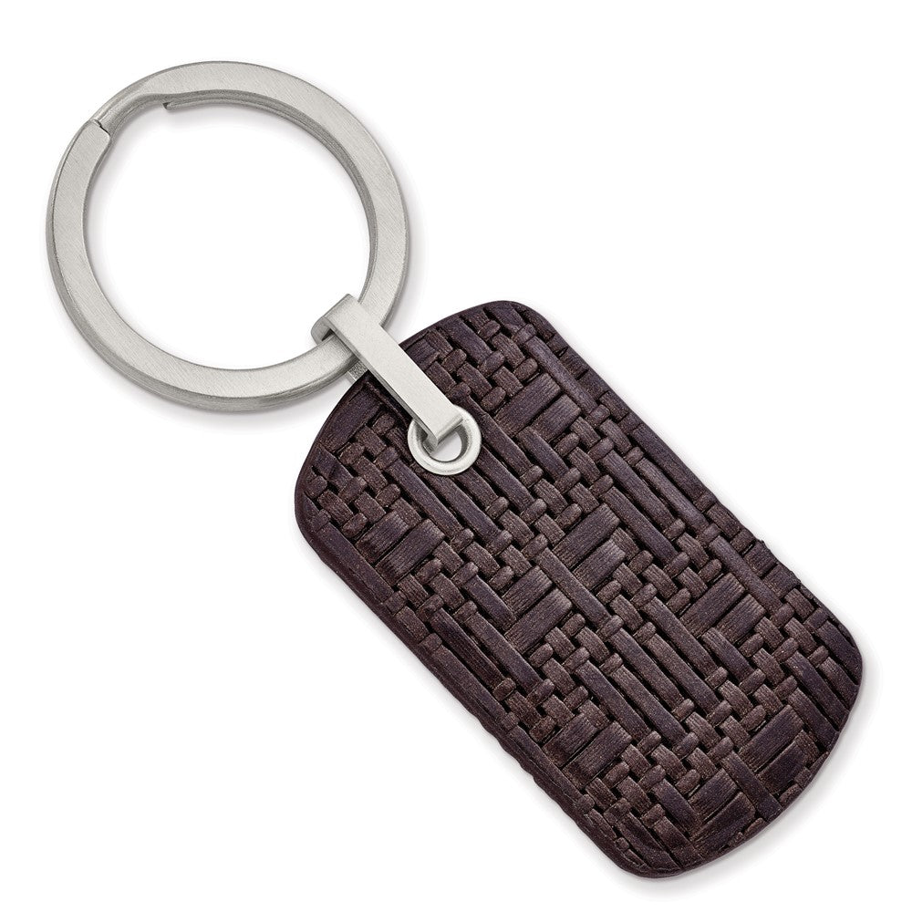 Stainless Steel Brown Woven &amp; Stitched Leather Key Chain, Item M11419 by The Black Bow Jewelry Co.