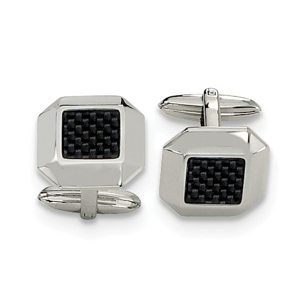 Men&#39;s Stainless Steel and Carbon Fiber Beveled Edge Cuff Links, 17mm, Item M8101 by The Black Bow Jewelry Co.