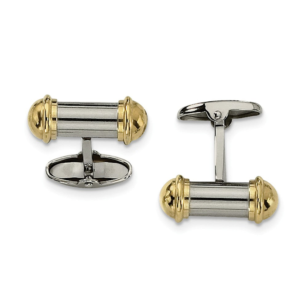 Men&#39;s Stainless Steel and Gold-Tone Plated Cylindrical Cuff Links, Item M8104 by The Black Bow Jewelry Co.