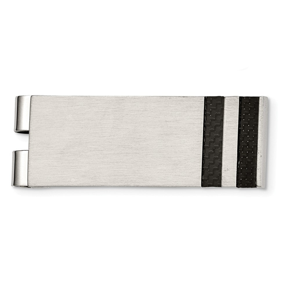 Men&#39;s Brushed Stainless Steel and Black Carbon Fiber Money Clip, Item M8135 by The Black Bow Jewelry Co.