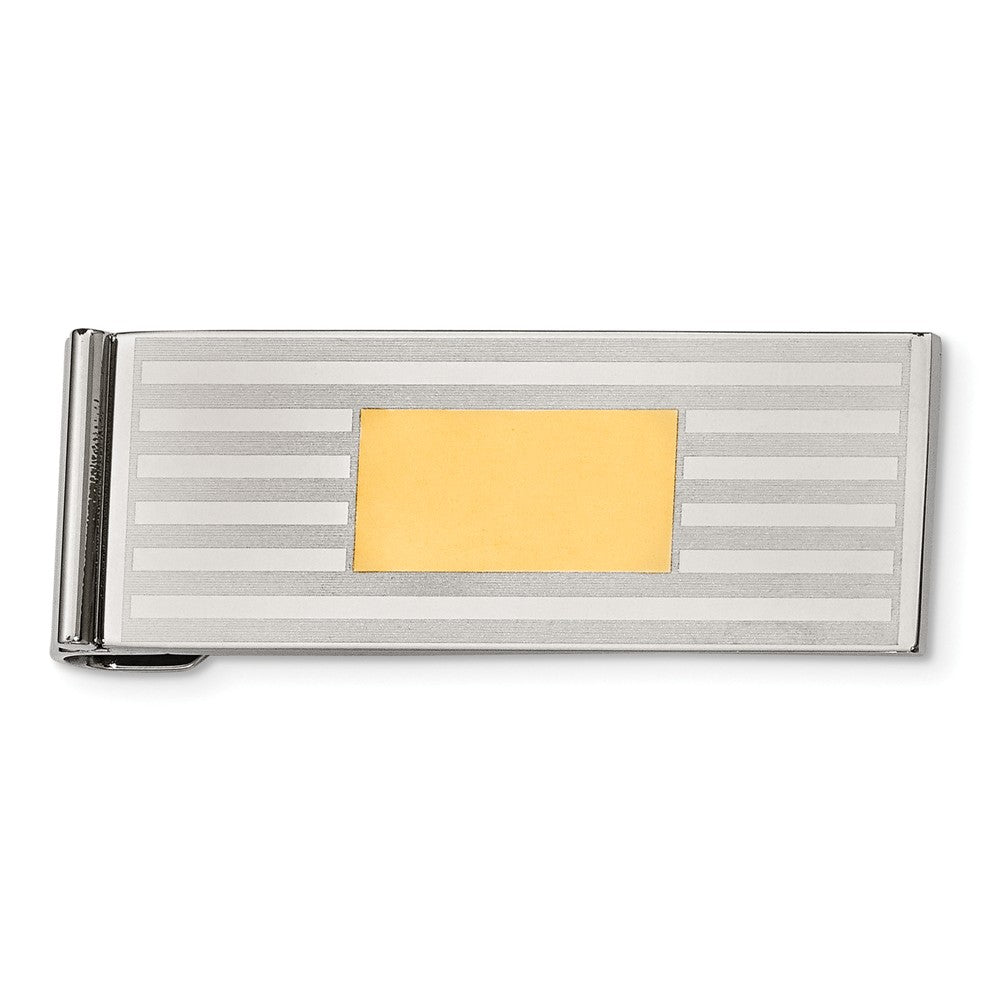Men&#39;s Stainless Steel and Gold Tone Striped Spring Loaded Money Clip, Item M8138 by The Black Bow Jewelry Co.