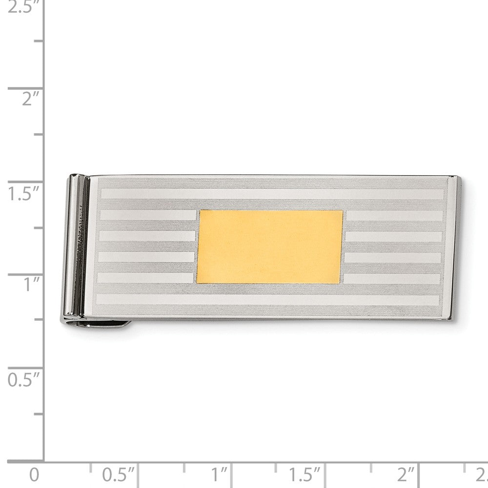 Alternate view of the Men&#39;s Stainless Steel and Gold Tone Striped Spring Loaded Money Clip by The Black Bow Jewelry Co.