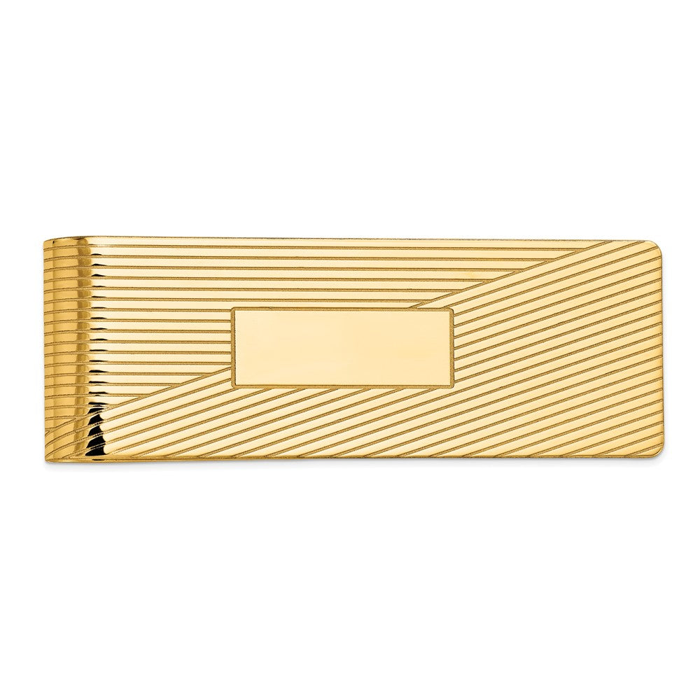 Men&#39;s 14k Yellow Gold Striped Fold-Over Money Clip, 20mm wide, Item M8158 by The Black Bow Jewelry Co.