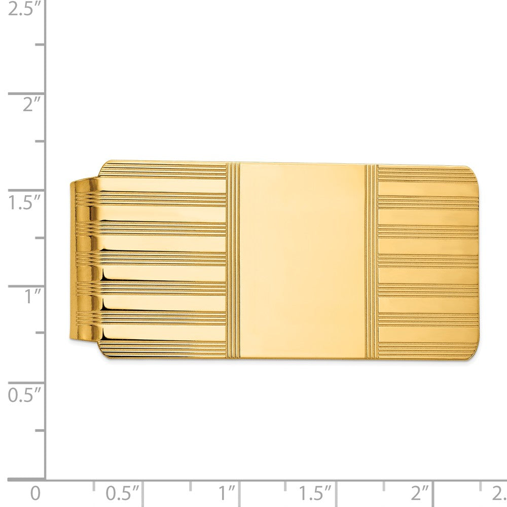 Alternate view of the Men&#39;s 14k Yellow Gold Striped Engravable Center Fold-Over Money Clip by The Black Bow Jewelry Co.