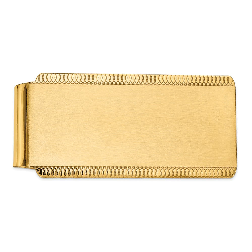 Men&#39;s 14k Yellow Gold Etched Edge Satin Fold-Over Money Clip, Item M8168 by The Black Bow Jewelry Co.