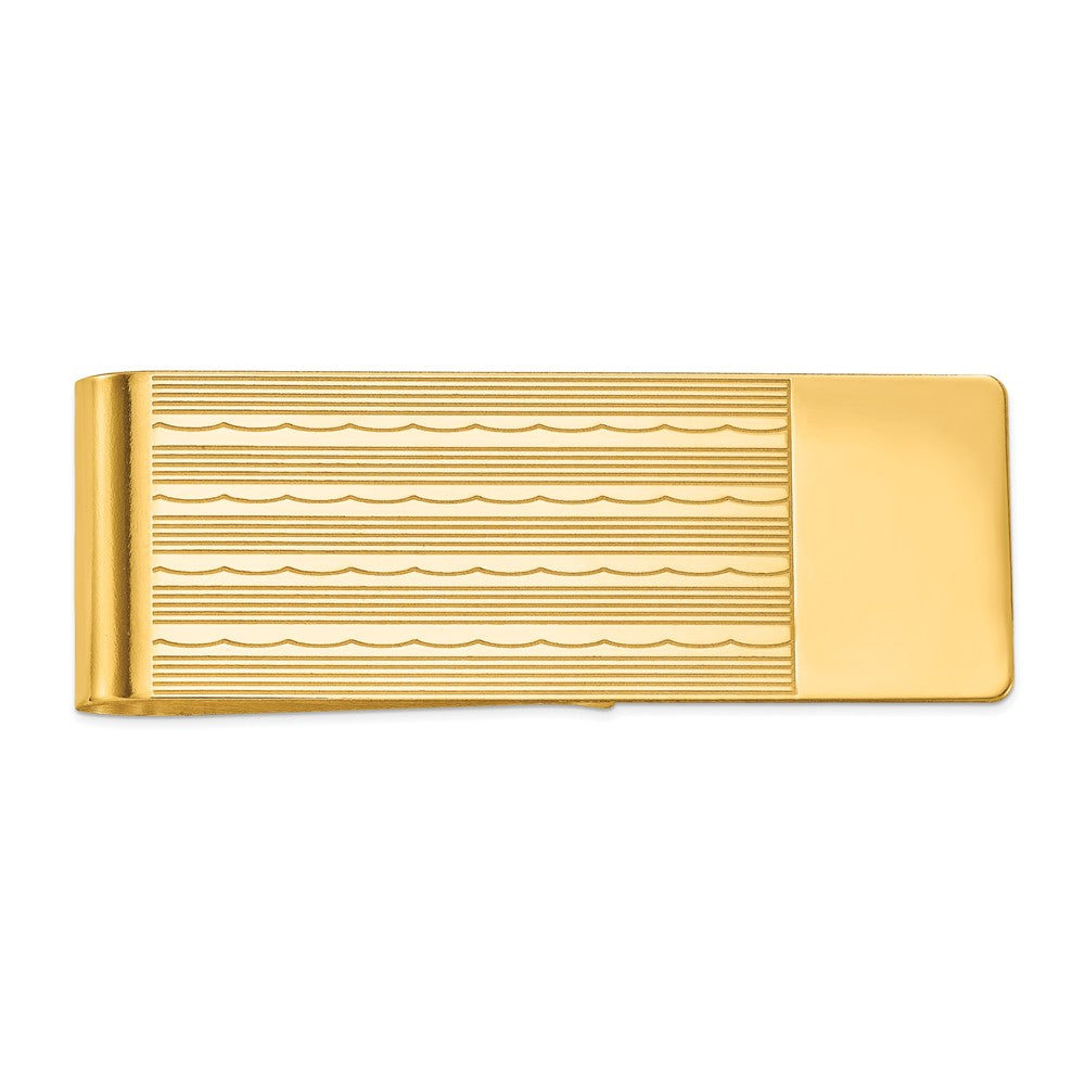 Men&#39;s 14k Yellow Gold Striped Engravable Edge Fold-Over Money Clip, Item M8172 by The Black Bow Jewelry Co.