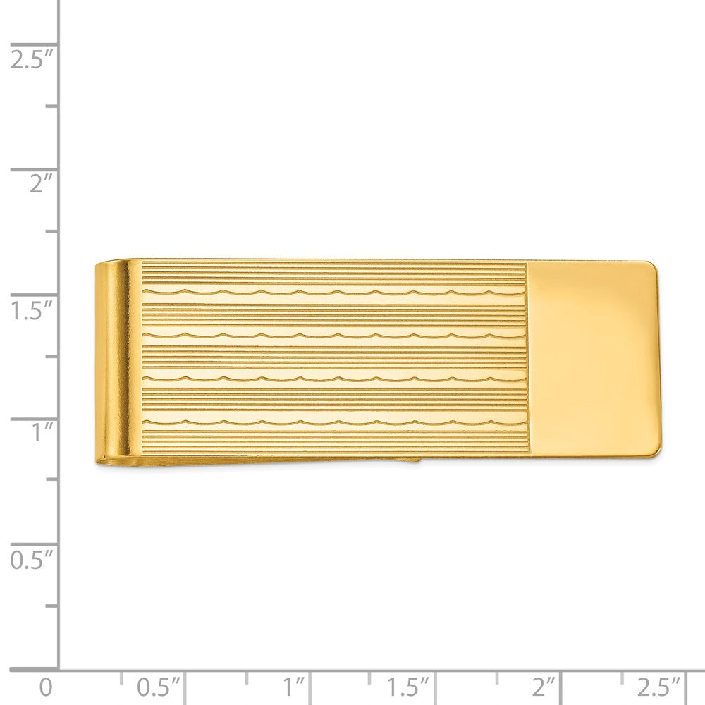 Alternate view of the Men&#39;s 14k Yellow Gold Striped Engravable Edge Fold-Over Money Clip by The Black Bow Jewelry Co.