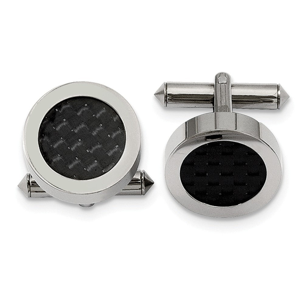 Men&#39;s Titanium &amp; Black Carbon 18mm Round Cuff Links, Item M8200 by The Black Bow Jewelry Co.