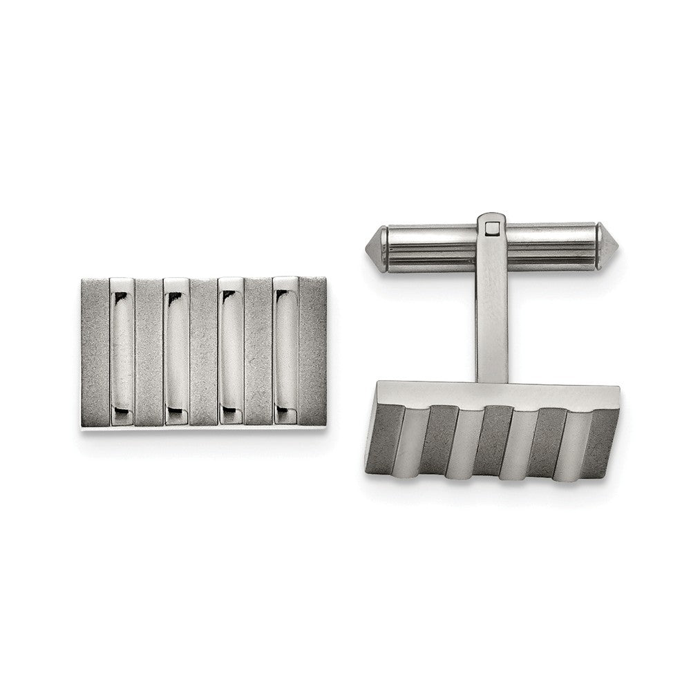 Men&#39;s Titanium Polished and Brushed Rectangular Striped Cuff Links, Item M8202 by The Black Bow Jewelry Co.