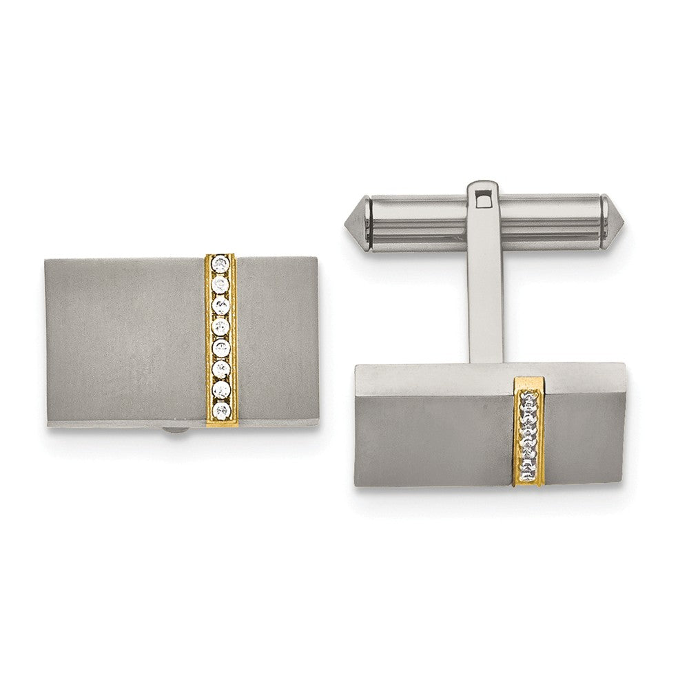 Men&#39;s Titanium, Gold Tone Plated and CZ Rectangular Cuff Links, Item M8203 by The Black Bow Jewelry Co.