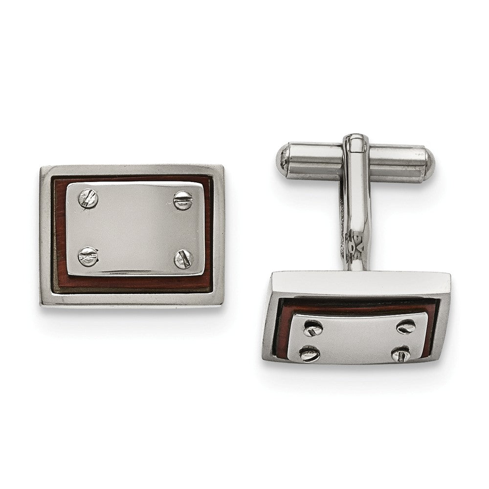 Men&#39;s Stainless Steel and Wood Inlay 20mm Rectangular Cuff Links, Item M8212 by The Black Bow Jewelry Co.