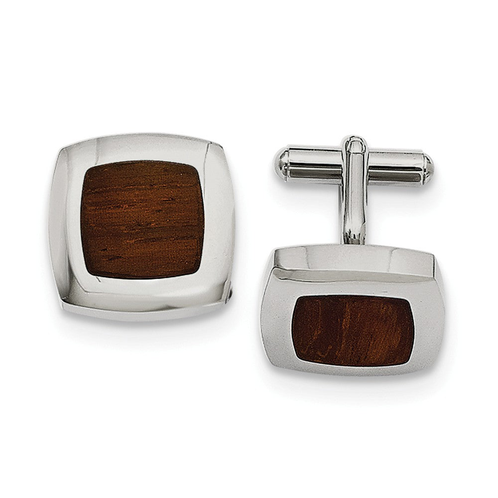 Men&#39;s Stainless Steel and Wood Inlay 20mm Convex Square Cuff Links, Item M8215 by The Black Bow Jewelry Co.