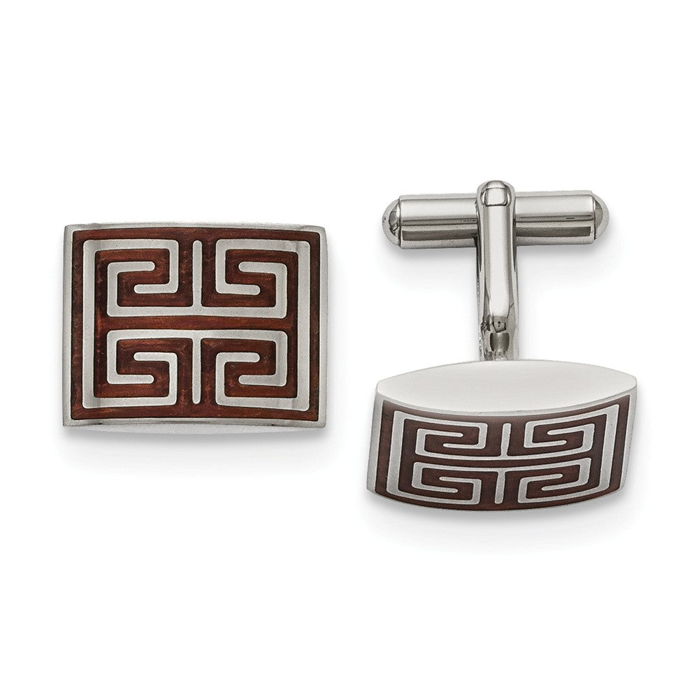 Men&#39;s Stainless Steel and Wood Inlay Greek Key Rectangular Cuff Links, Item M8216 by The Black Bow Jewelry Co.