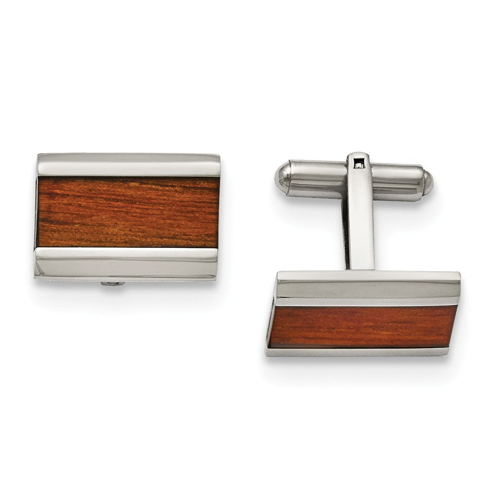 Men&#39;s Stainless Steel and Red Wood Inlay Rectangular Cuff Links, Item M8221 by The Black Bow Jewelry Co.