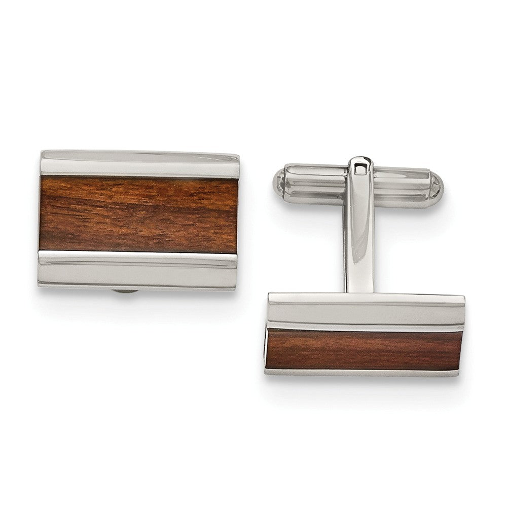 Men&#39;s Stainless Steel and Wood Inlay Rectangular Cuff Links, Item M8222 by The Black Bow Jewelry Co.