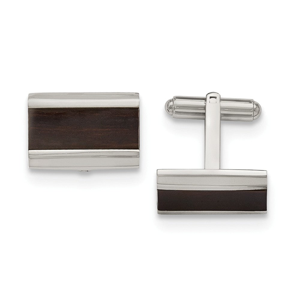 Men&#39;s Stainless Steel and Black Wood Inlay Rectangular Cuff Links, Item M8223 by The Black Bow Jewelry Co.