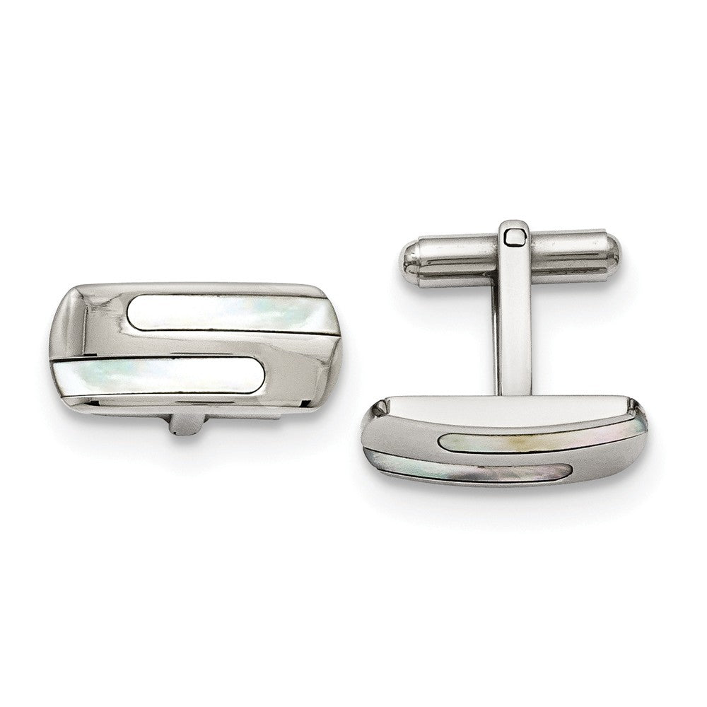 Men&#39;s Mother of Pearl and Stainless Steel Striped Cuff Links, Item M8226 by The Black Bow Jewelry Co.