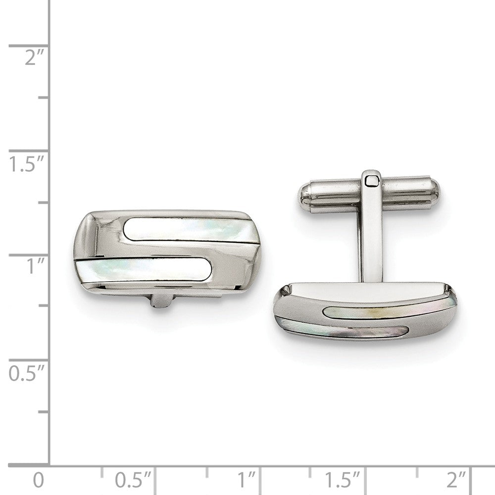 Alternate view of the Men&#39;s Mother of Pearl and Stainless Steel Striped Cuff Links by The Black Bow Jewelry Co.