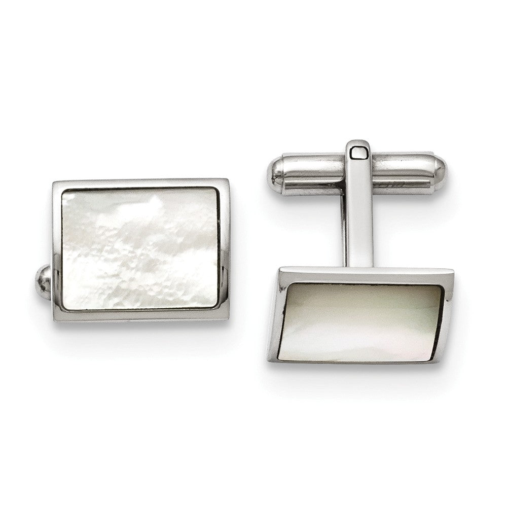 Men&#39;s Stainless Steel and Mother of Pearl Rectangular Cuff Links, Item M8227 by The Black Bow Jewelry Co.