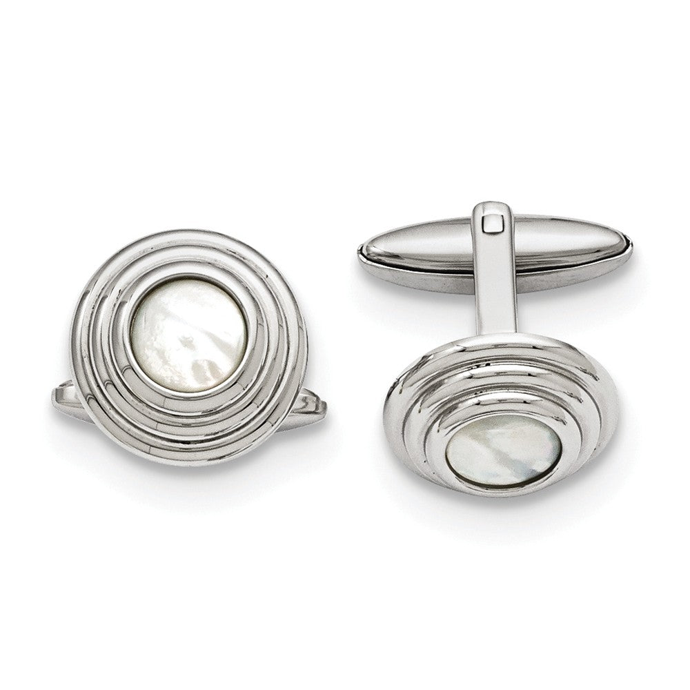 Men&#39;s Mother of Pearl and Stainless Steel 16mm Round Cuff Links, Item M8228 by The Black Bow Jewelry Co.