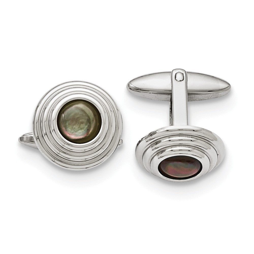 Men&#39;s Black Mother of Pearl Stainless Steel 16mm Round Cuff Links, Item M8229 by The Black Bow Jewelry Co.
