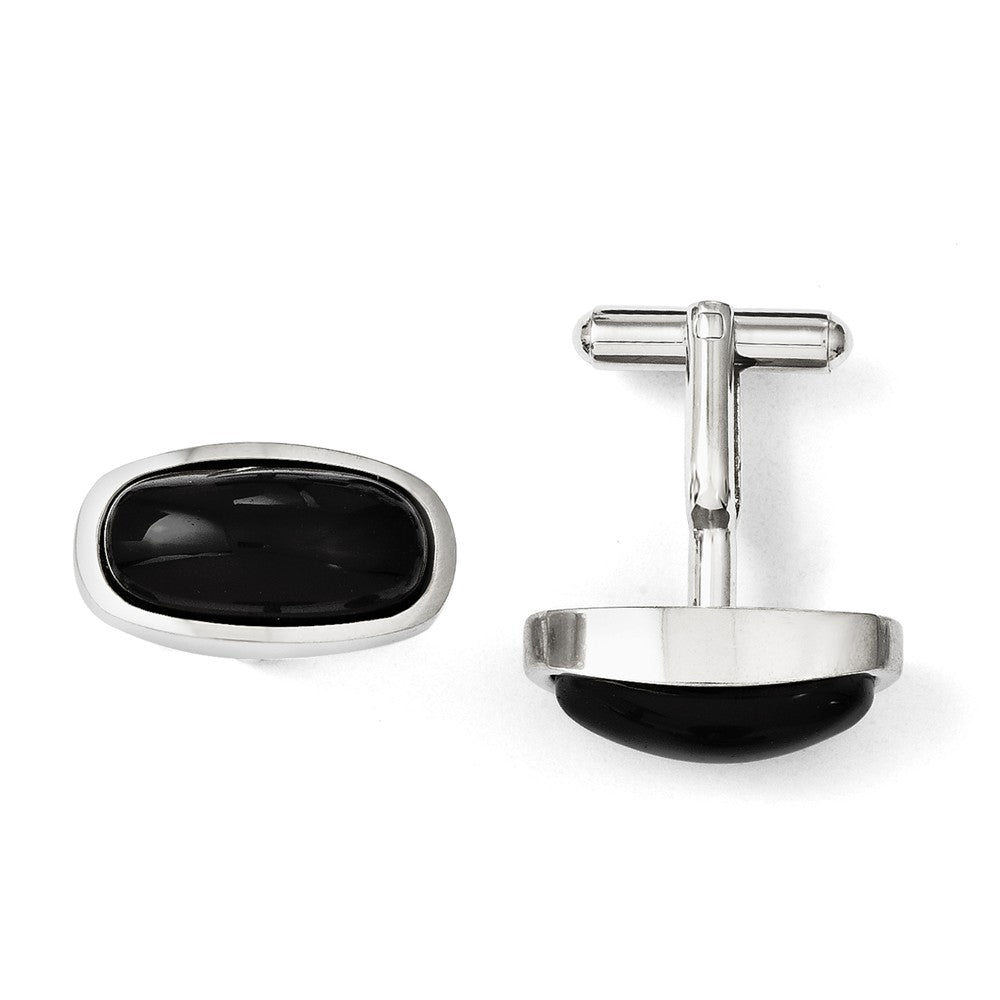Men&#39;s Black Agate Cabochon and Stainless Steel Oval Cuff Links, Item M8230 by The Black Bow Jewelry Co.