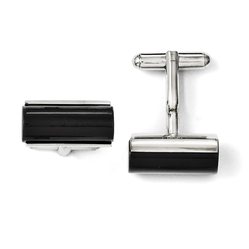 Men&#39;s Black Agate and Stainless Steel Cylindrical Cuff Links, Item M8232 by The Black Bow Jewelry Co.