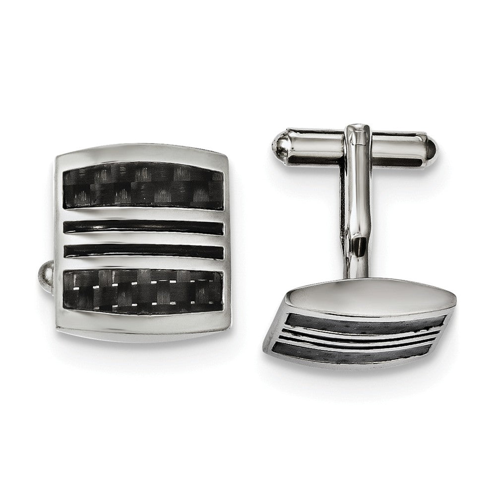 Men&#39;s Stainless Steel, Black Carbon Fiber &amp; Enamel Striped Cuff Links, Item M8241 by The Black Bow Jewelry Co.