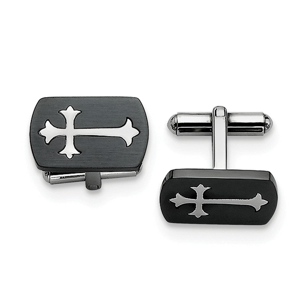 Men&#39;s Stainless Steel Two Tone Fleur de Lis Cross Cuff Links, Item M8244 by The Black Bow Jewelry Co.