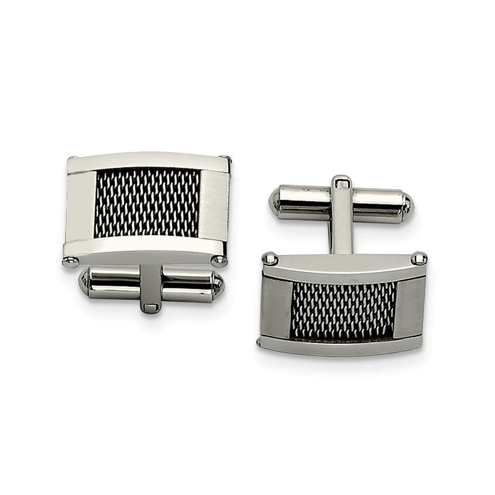 Men&#39;s Stainless Steel Polished and Brushed Mesh Rectangular Cuff Links, Item M8246 by The Black Bow Jewelry Co.