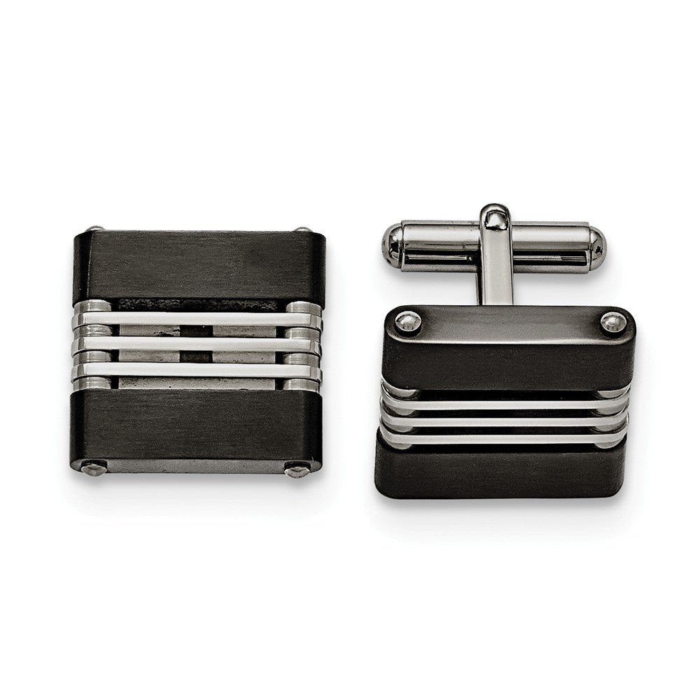 Men&#39;s Stainless Steel &amp; Black Plated Brushed and Polished Cuff Links, Item M8248 by The Black Bow Jewelry Co.