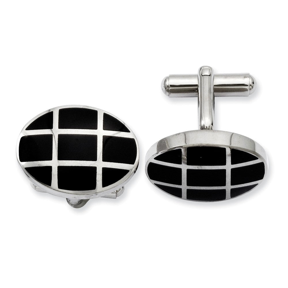 Men&#39;s Stainless Steel &amp; Black Plated Oval Grid Cuff Links, Item M8257 by The Black Bow Jewelry Co.