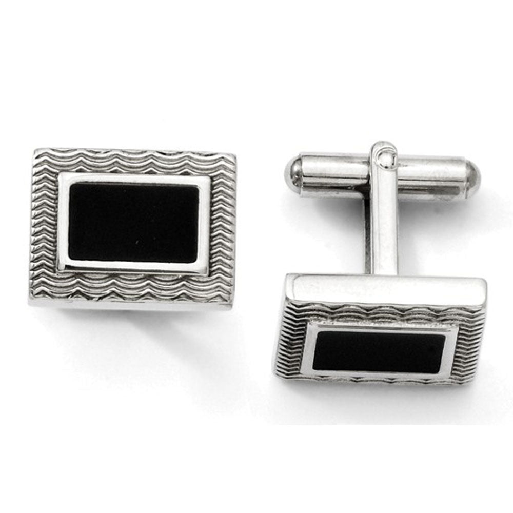 Men&#39;s Stainless Steel and Black Enamel Textured Wave Cuff Links, Item M8260 by The Black Bow Jewelry Co.