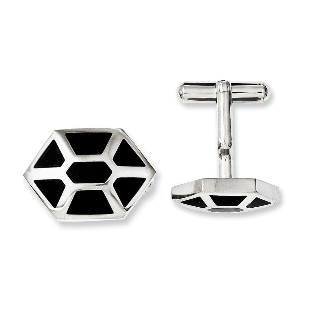Men&#39;s Stainless Steel and Black Enamel Hexagon Cuff Links, Item M8263 by The Black Bow Jewelry Co.