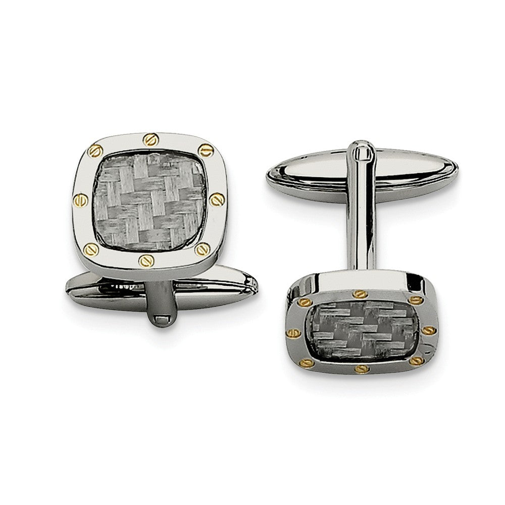 Men&#39;s Stainless Steel, Gray Carbon Fiber &amp; Gold Tone 14mm Cuff Links, Item M8271 by The Black Bow Jewelry Co.