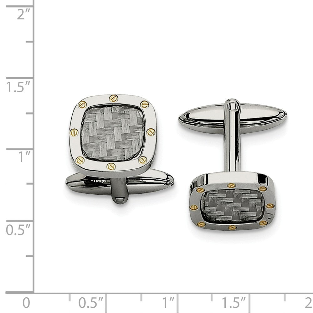 Alternate view of the Men&#39;s Stainless Steel, Gray Carbon Fiber &amp; Gold Tone 14mm Cuff Links by The Black Bow Jewelry Co.