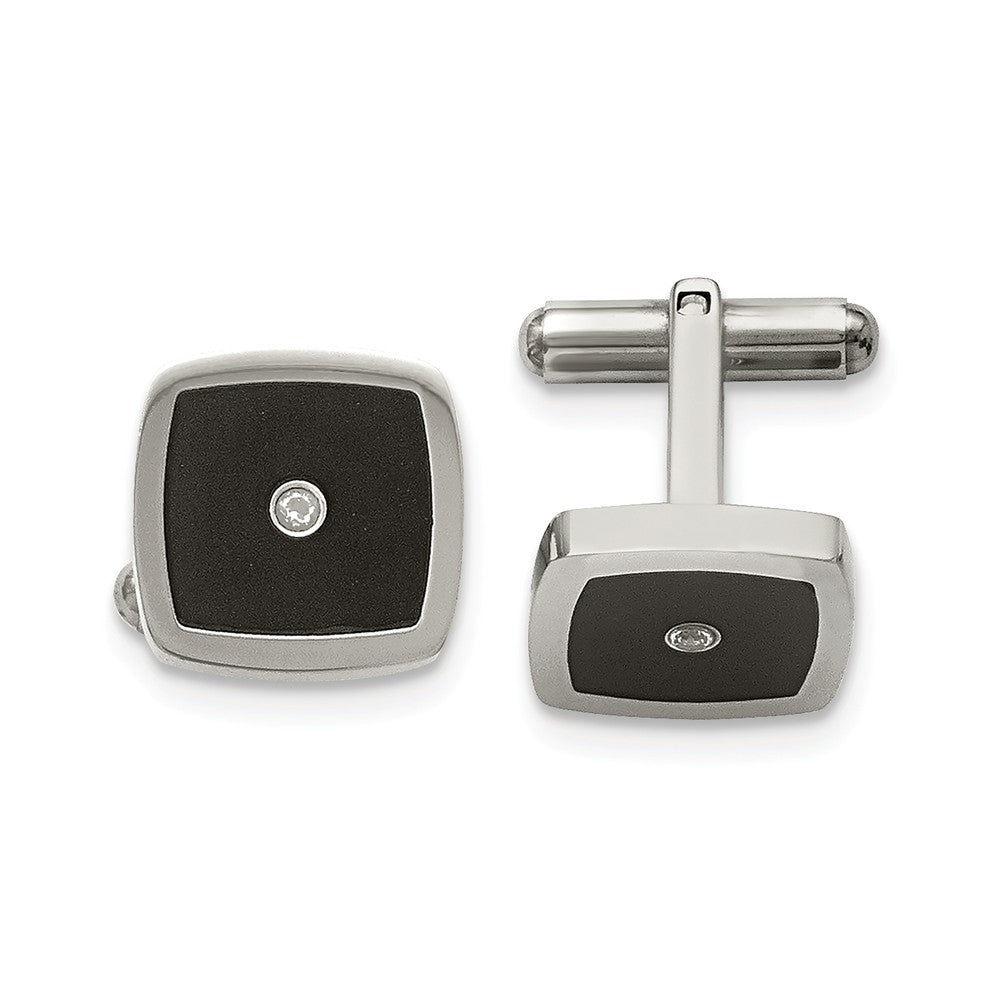 Men&#39;s Stainless Steel, Black Enamel and CZ 16mm Square Cuff Links, Item M8277 by The Black Bow Jewelry Co.