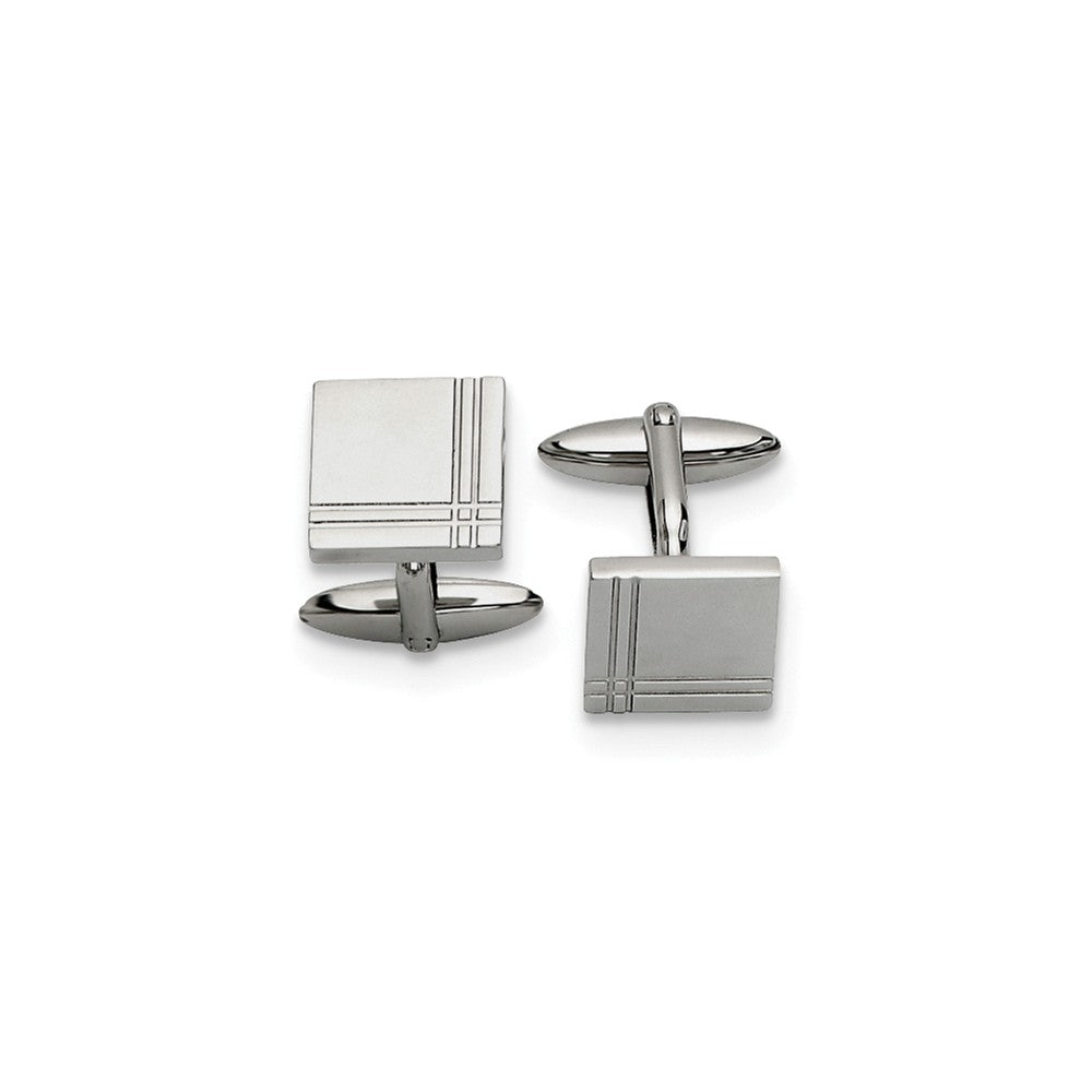 Men&#39;s Stainless Steel 15mm Engravable Double Grooved Edge Cuff Links, Item M8284 by The Black Bow Jewelry Co.