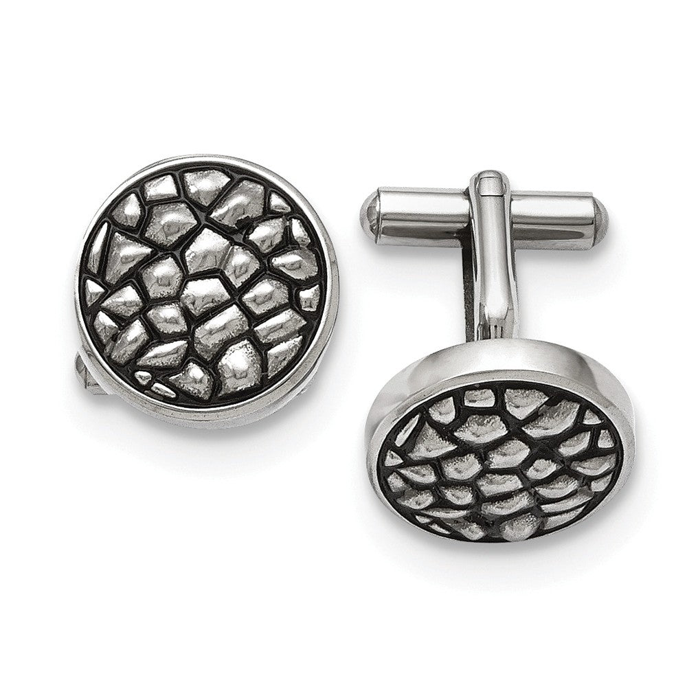 Men&#39;s Stainless Steel 18mm Round Antiqued Cobblestone Cuff Links, Item M8292 by The Black Bow Jewelry Co.